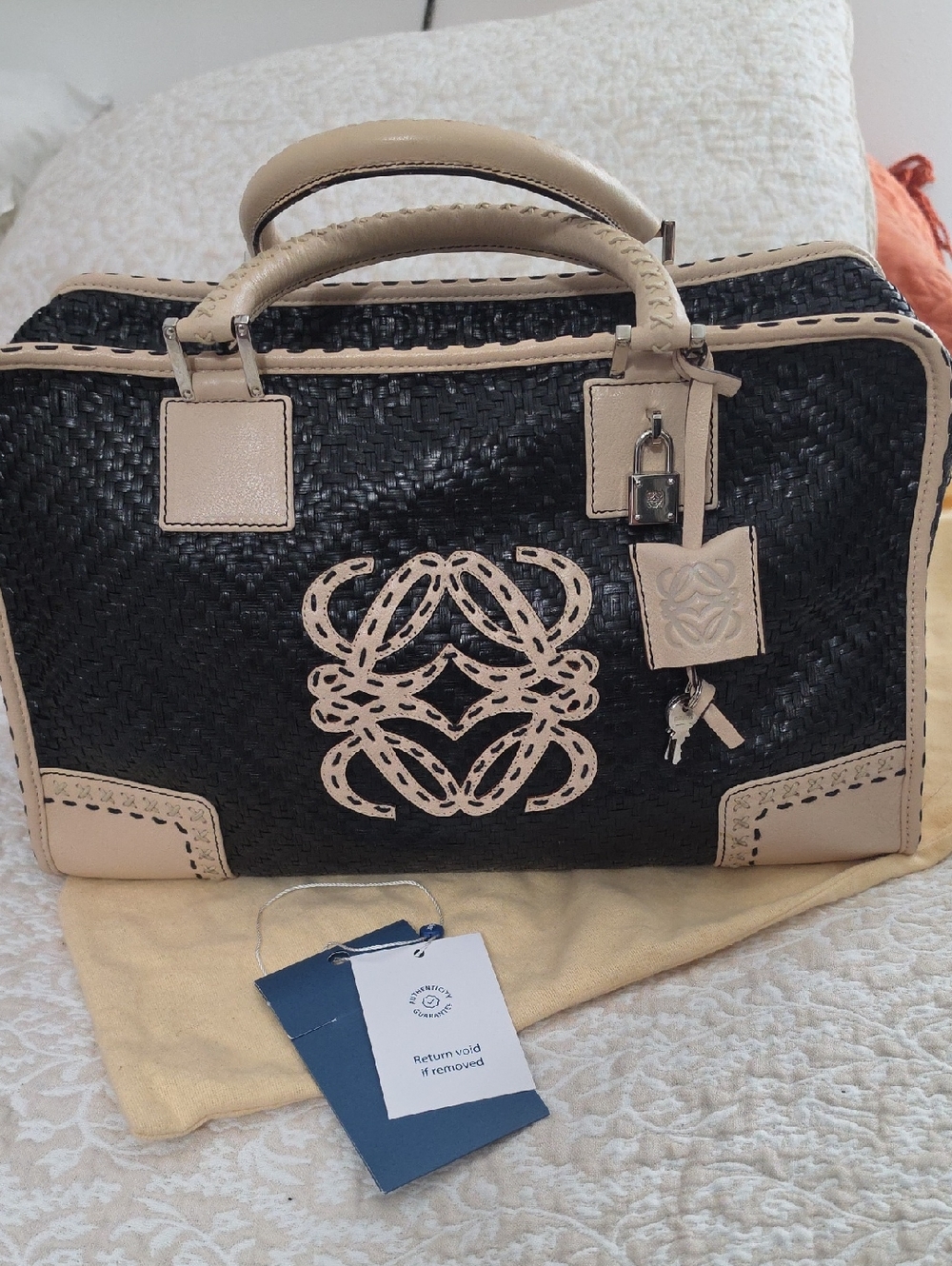 Leather-Trim Woven Satchel Bag - Black & Beige - Picture 14 of 16
